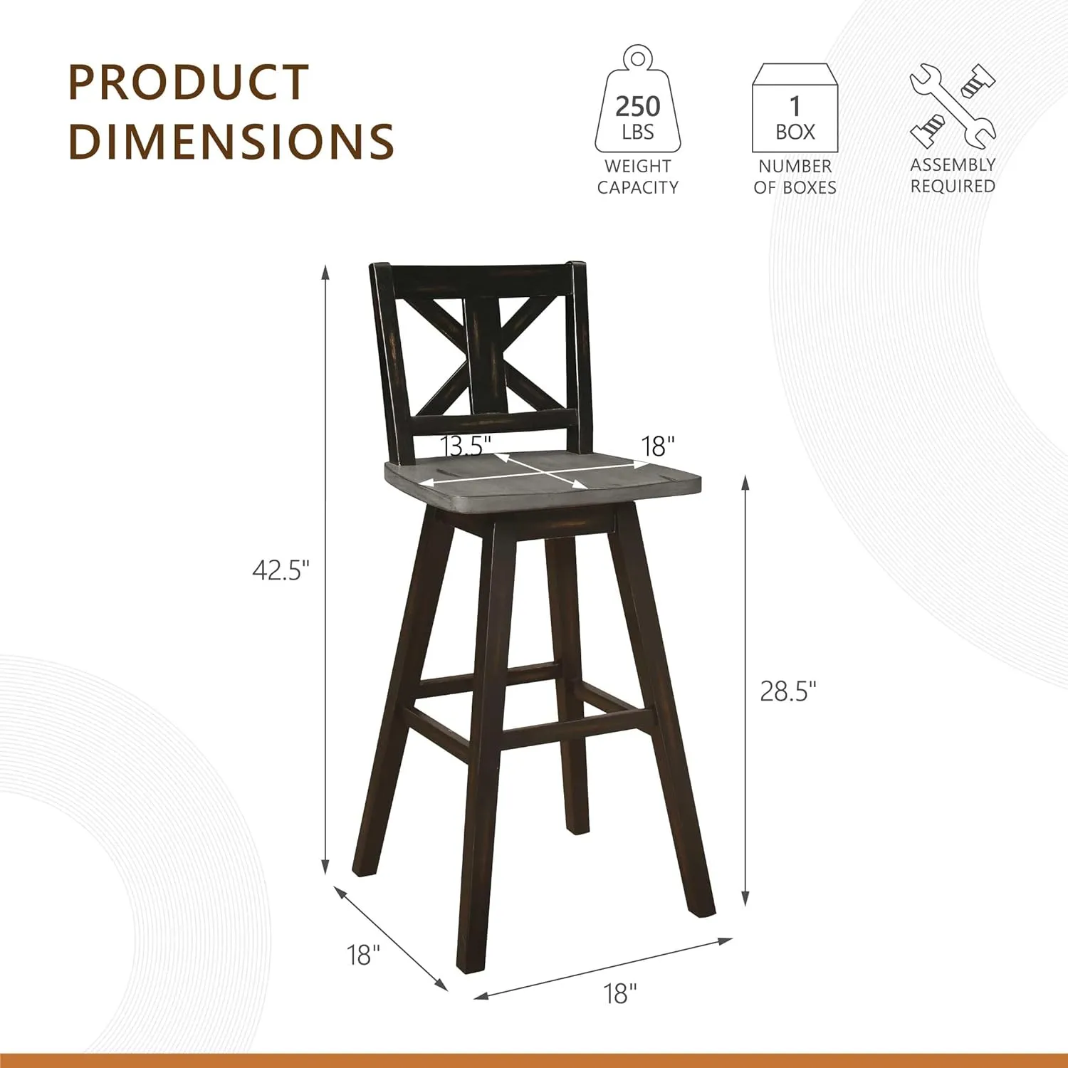 Homelegance Solid Wood High Back Swivel Pub Height Bar Stools Set of 2, Kitchen Stools Pub Height, Foot Rest, X Back, Tall Wooden Armless Dining Chairs for Kitchen Island, Farmhouse, Rustic, Black