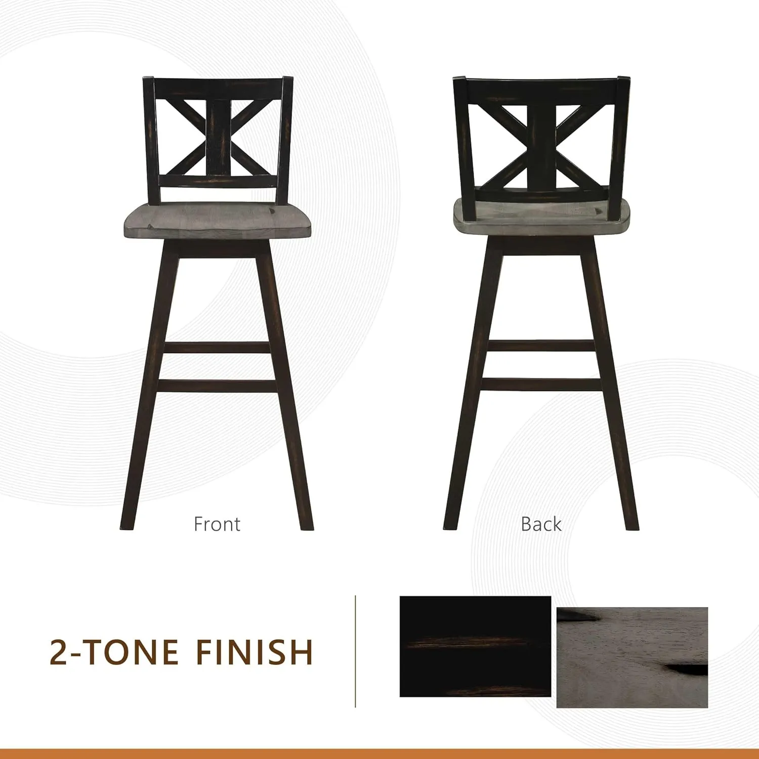 Homelegance Solid Wood High Back Swivel Pub Height Bar Stools Set of 2, Kitchen Stools Pub Height, Foot Rest, X Back, Tall Wooden Armless Dining Chairs for Kitchen Island, Farmhouse, Rustic, Black
