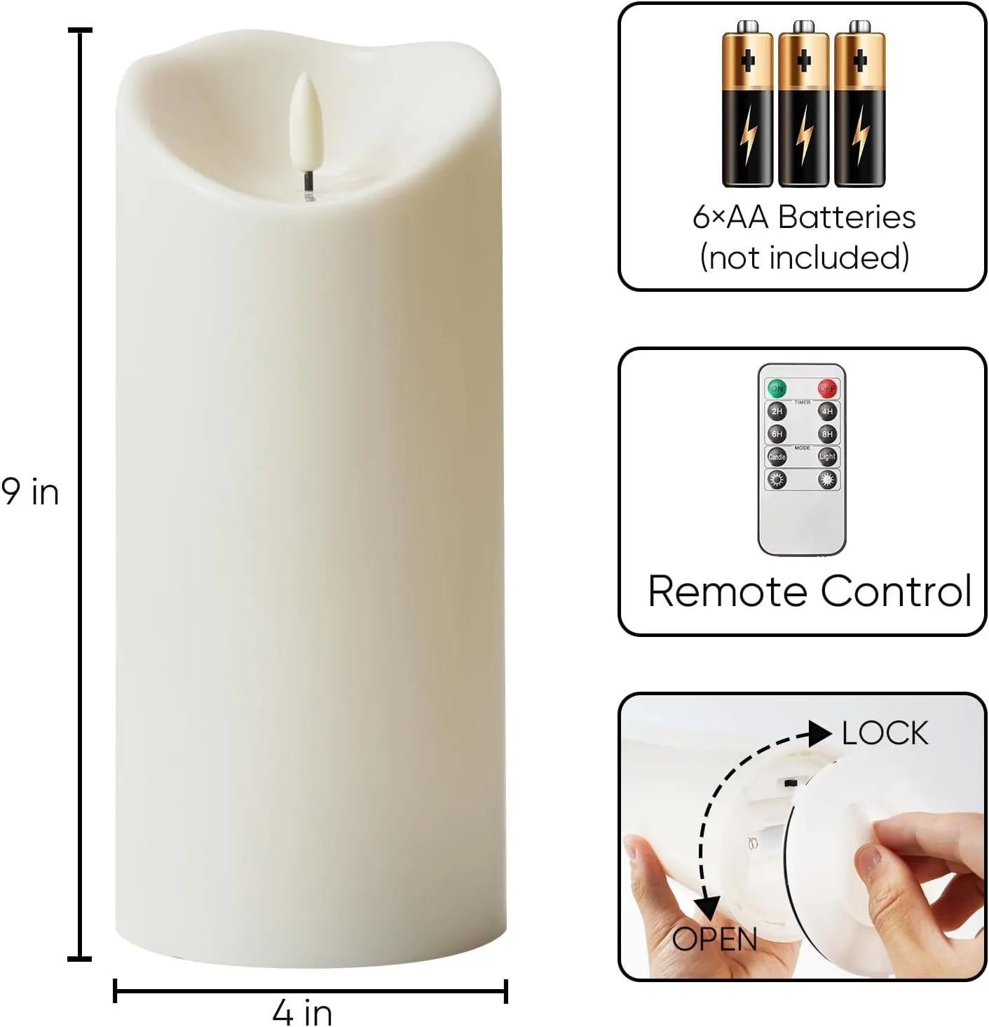 Homemory 4"x9" Outdoor Waterproof Flameless Candles with Timers and Remote Control, Battery Operated Candles, LED Plastic Candles, Ivory White, Set of 2