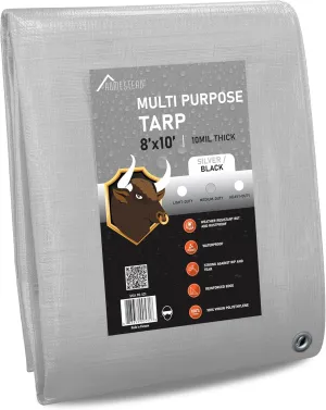 HOMESTEAD Waterproff Tarp 8' x 10', Medium Duty 10 Mil Poly Tarp Cover with Metal Grommets, Great for Outdoor Storage and Home Use - Silver/Black
