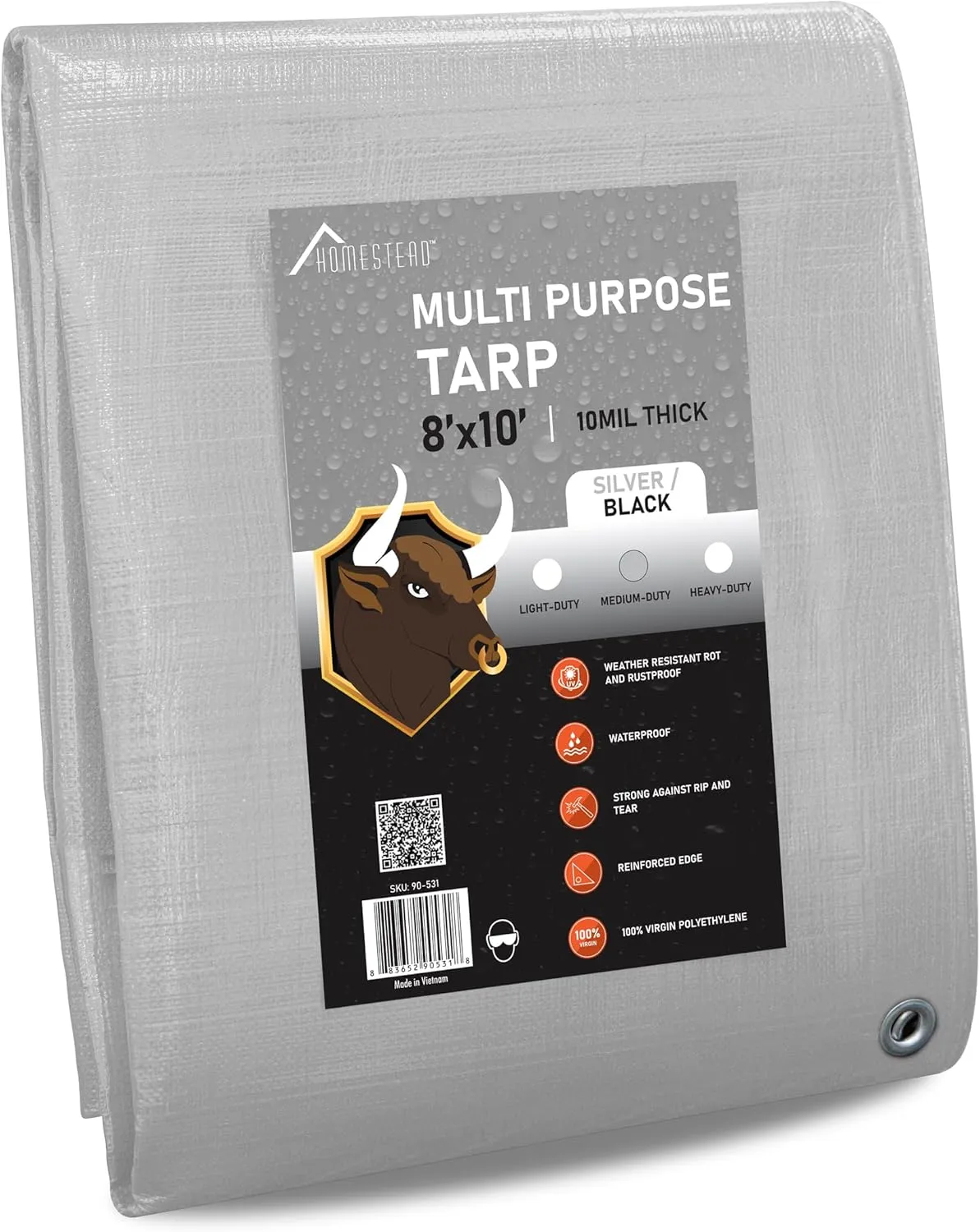 HOMESTEAD Waterproff Tarp 8' x 10', Medium Duty 10 Mil Poly Tarp Cover with Metal Grommets, Great for Outdoor Storage and Home Use - Silver/Black