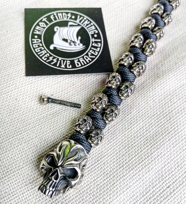 Horror skull paracord bracelet. Biker bangle. Best Halloween gift.