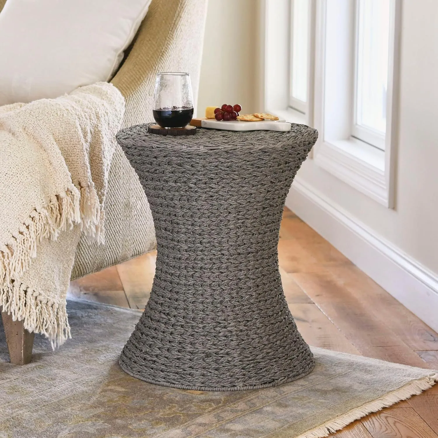 Household Essentials Handwoven Paper Rope Stool with Hourglass Shape, Gray