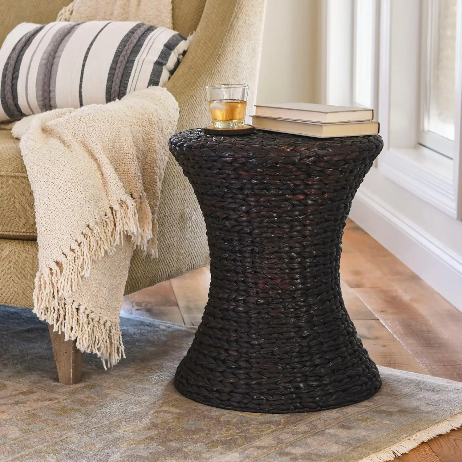Household Essentials Handwoven Water Hyacinth Wicker Stool with Hourglass Shape, Black