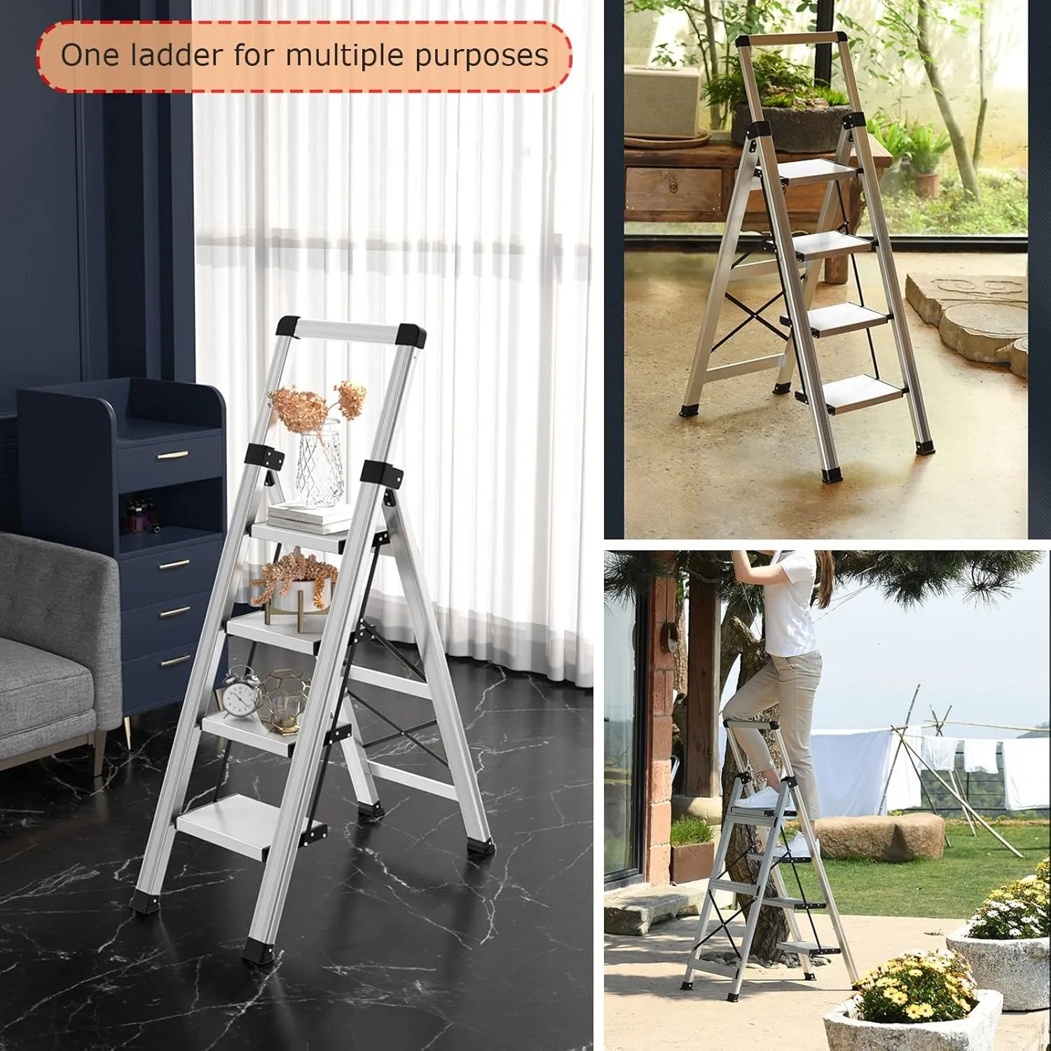 Household with Retractable handrails Multifunctional Climbing Ladder Light Aluminum Alloy Folding Herringbone Ladder (Color : Champagne Gold Color, Size : 106CM)