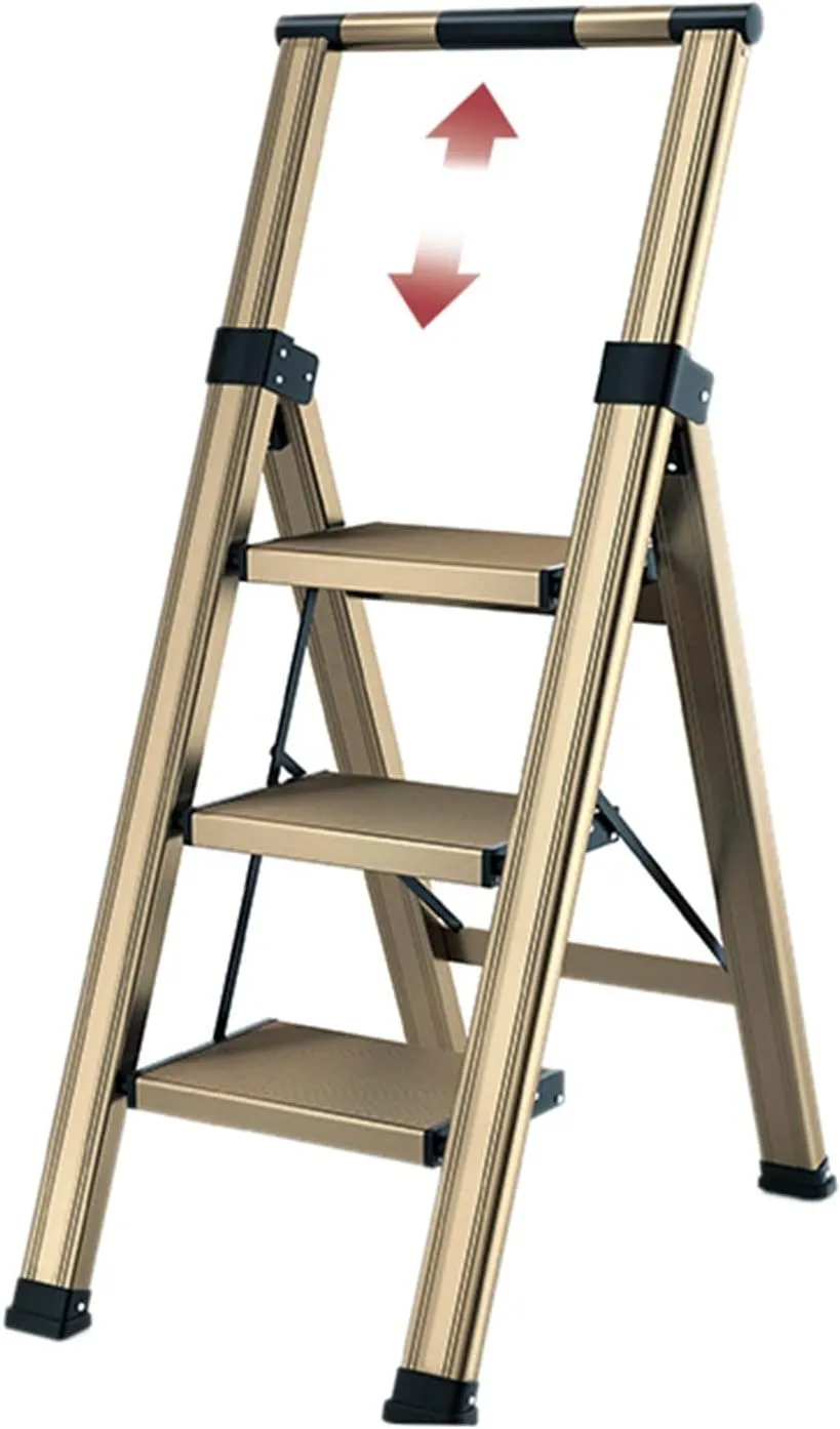 Household with Retractable handrails Multifunctional Climbing Ladder Light Aluminum Alloy Folding Herringbone Ladder (Color : Champagne Gold Color, Size : 106CM)
