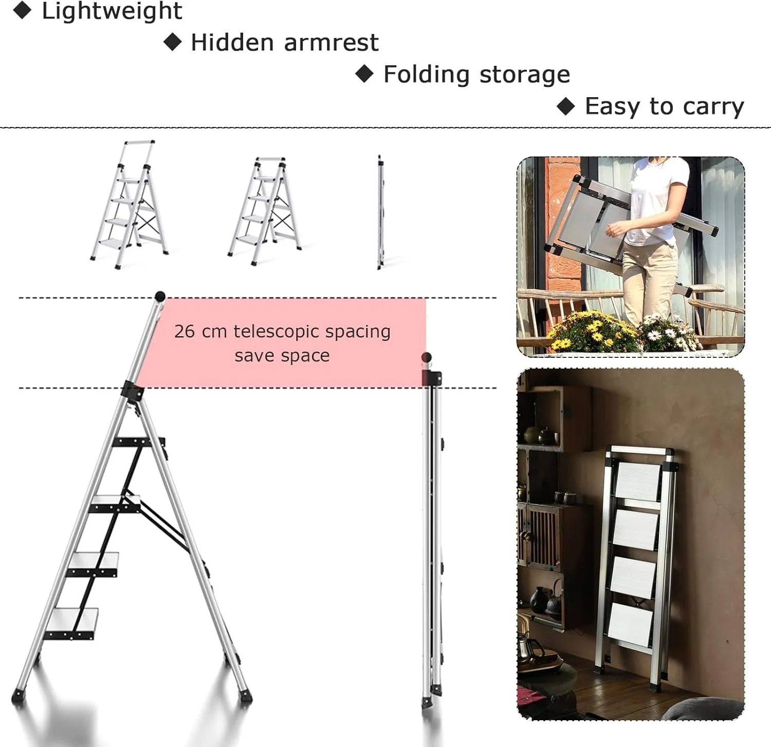 Household with Retractable handrails Multifunctional Climbing Ladder Light Aluminum Alloy Folding Herringbone Ladder (Color : Champagne Gold Color, Size : 106CM)