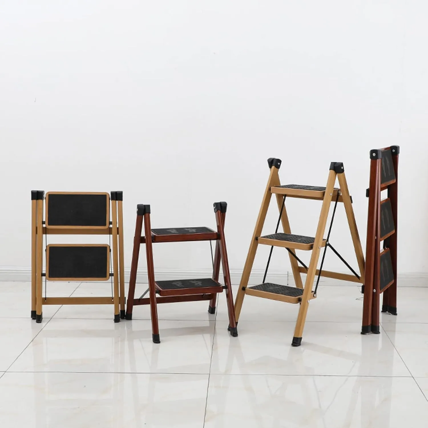 Household Wood Grain Ladder Foldable Balcony Flower Stand Multi-Functional 2-Step ladder/3-step Ladder (Color : B, Size : 2 Step Ladder)