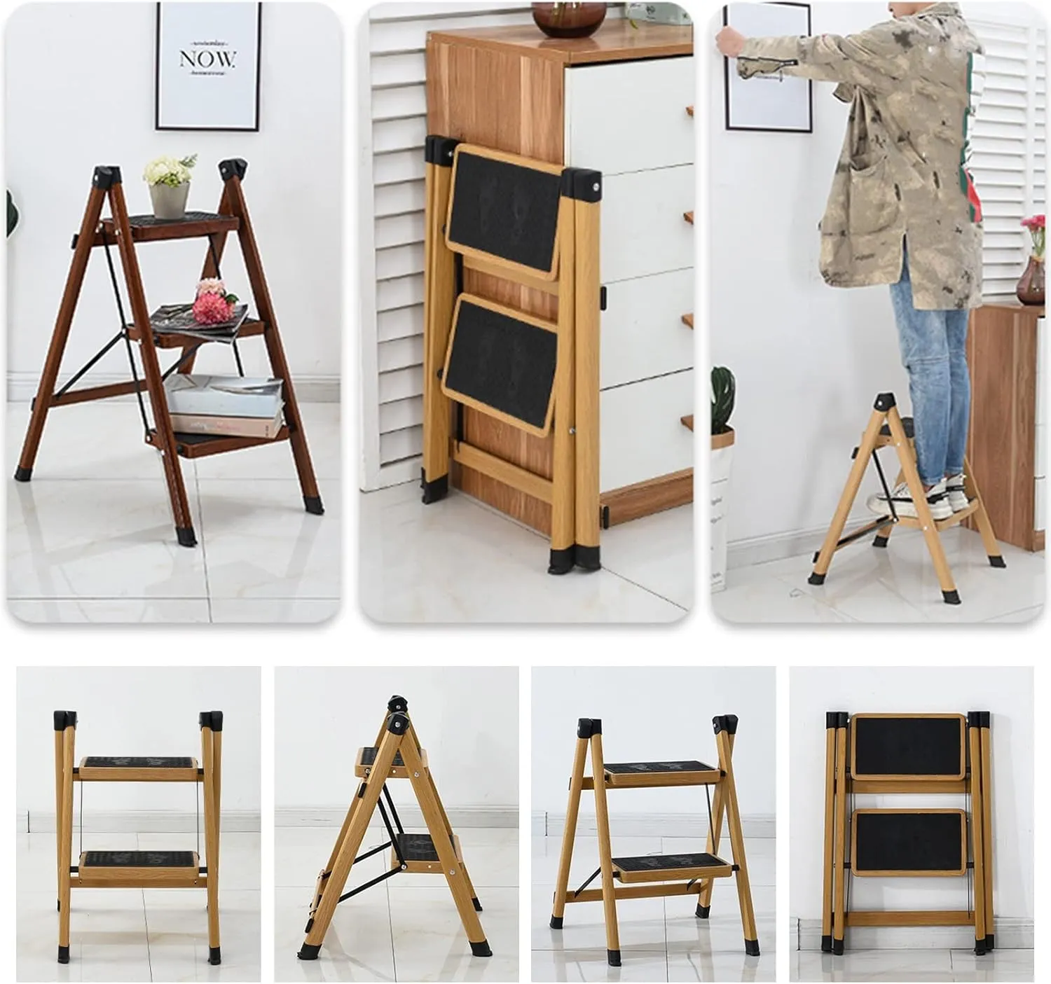Household Wood Grain Ladder Foldable Balcony Flower Stand Multi-Functional 2-Step ladder/3-step Ladder (Color : B, Size : 3 Step Ladder)