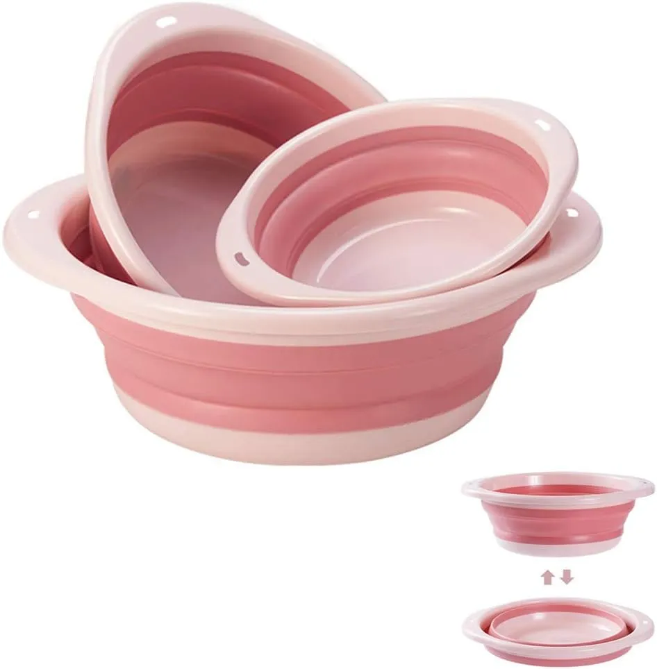 Hrpa Multi 3 Pieces Collapsible Portable Wash Basin Dishpan with Hanging Hole Save Storage Space for Home Kitchen Outdoor Camping and More (Small,Medium,Large) (Pink)