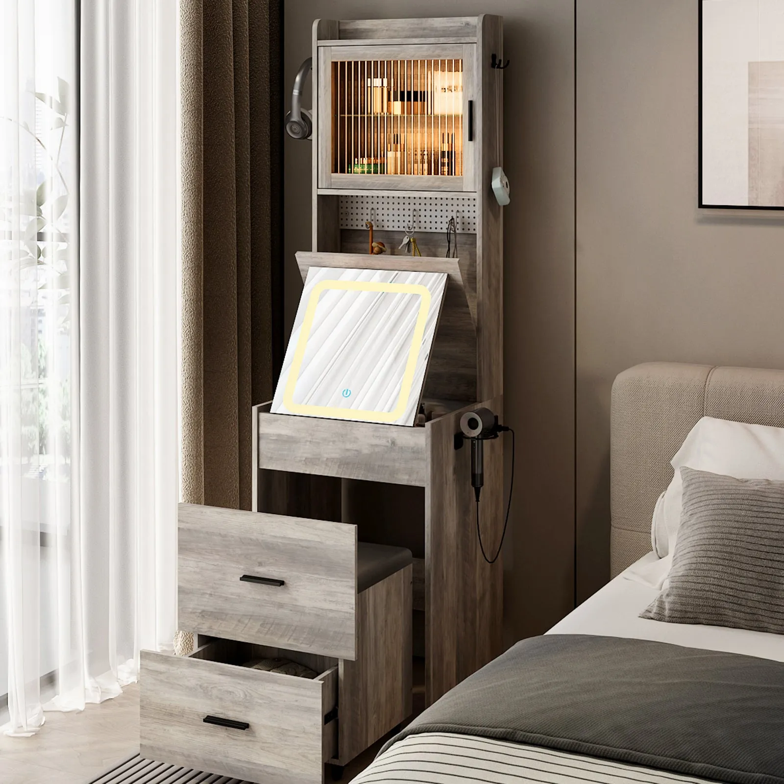 HSUNNS Small Vanity Desk with Flip-Top Mirror and Touch Control LED Light, Modern Wood Makeup Desk with Upholstered Stool, Glass Door, 3 Rocks, Storage Drawer, Hidden Storage, White