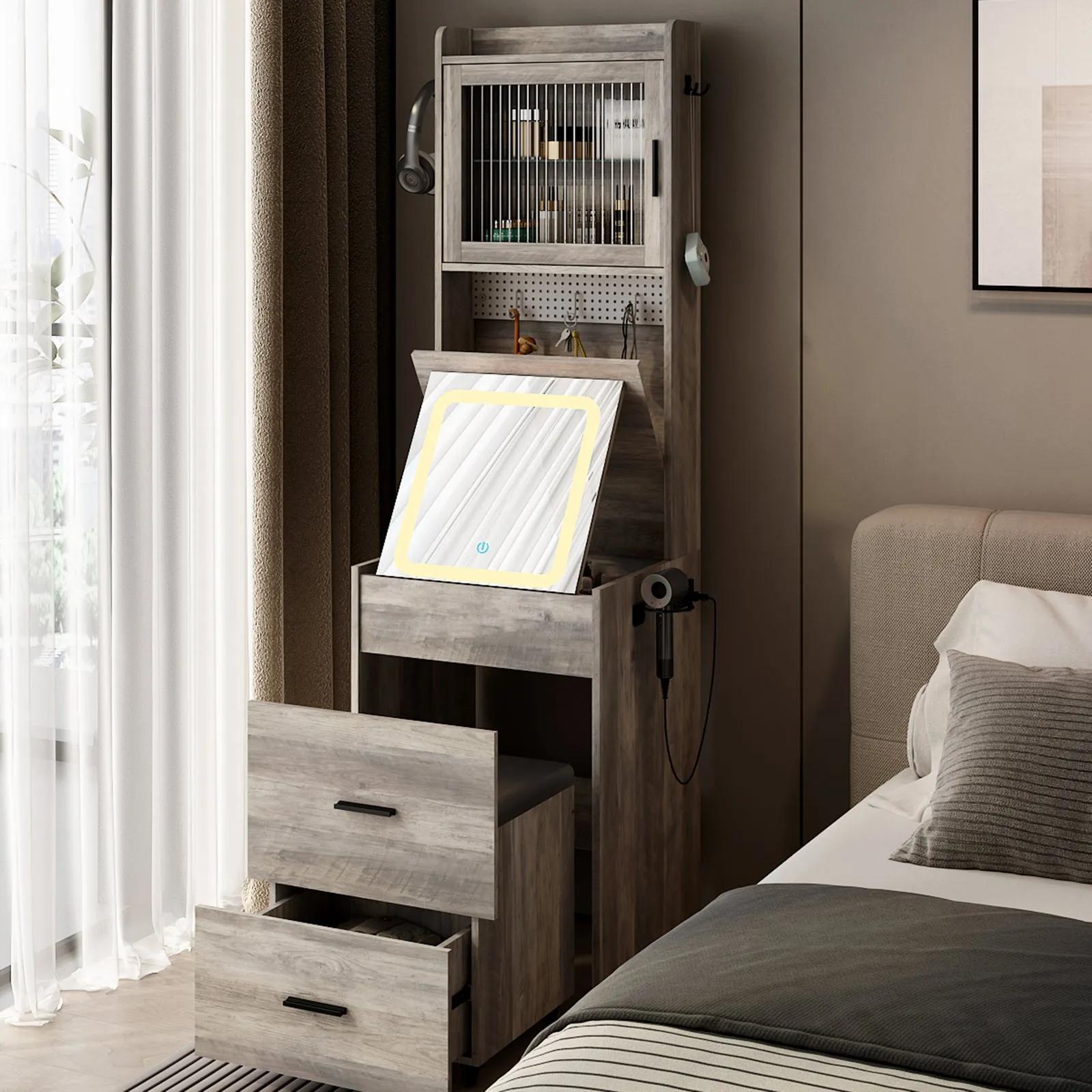 HSUNNS Small Vanity Desk with Flip-Top Mirror and Touch Control LED Light, Modern Wood Makeup Desk with Upholstered Stool, Glass Door, 3 Rocks, Storage Drawer, Hidden Storage, White