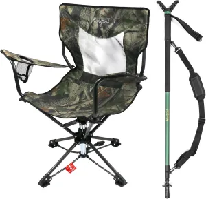 HUNTPAL Foldable 360° Swivel Hunting Chair Stool Seat, Steel Frame Outdoor Armchair Fishing Shooting Seat w/Armrests, Aluminum Hunting Monopod Shooting Stick with Removable 360° Rotation V Yoke Head