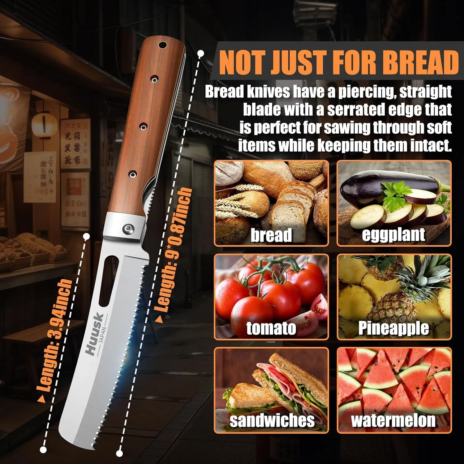Huusk Folding Bread Knife for Homemade Bread, Portable Bread Knives with Wide Wavy Edge for Steak, Tomato, Japanese Pocket Knife with 440C Stainless Steel for Cooking, Ideal Gift