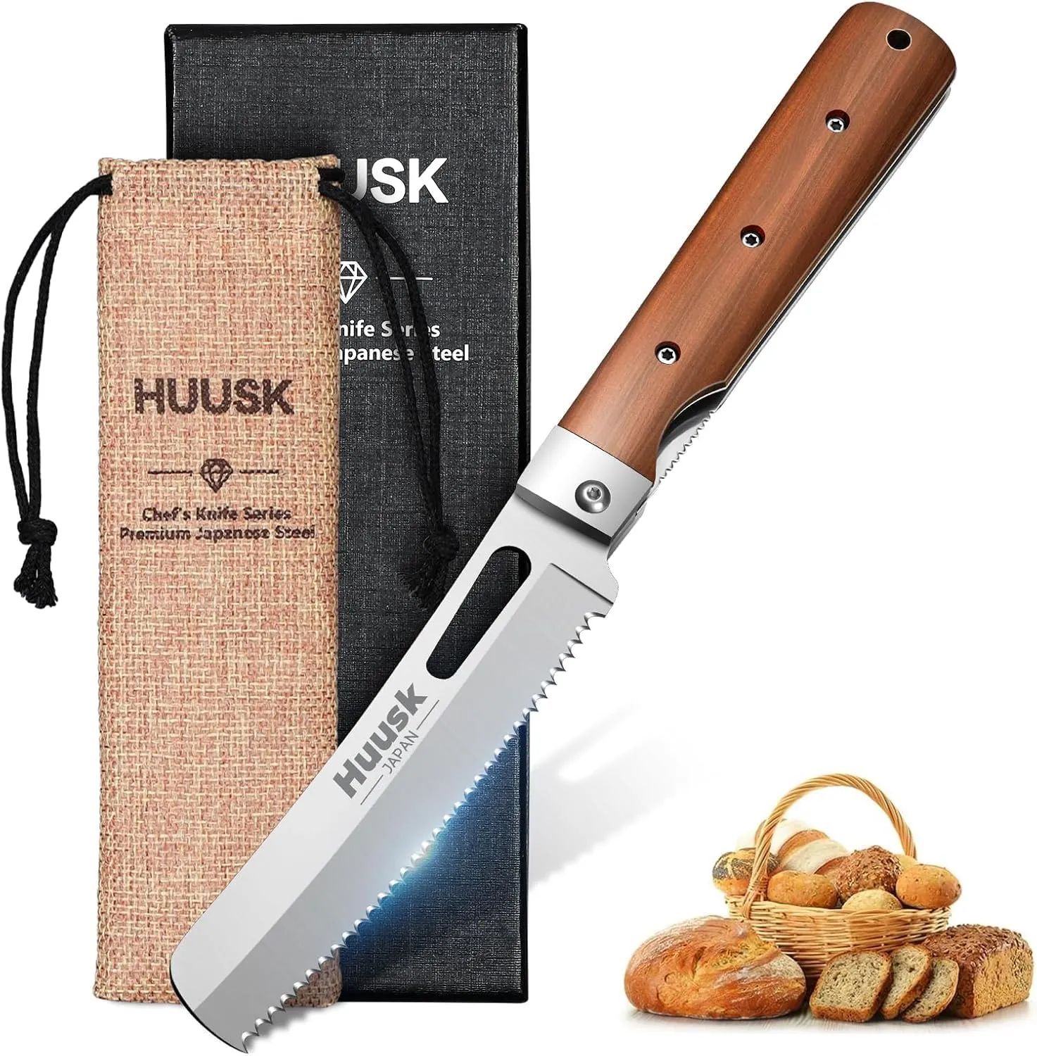 Huusk Folding Bread Knife for Homemade Bread, Portable Bread Knives with Wide Wavy Edge for Steak, Tomato, Japanese Pocket Knife with 440C Stainless Steel for Cooking, Ideal Gift
