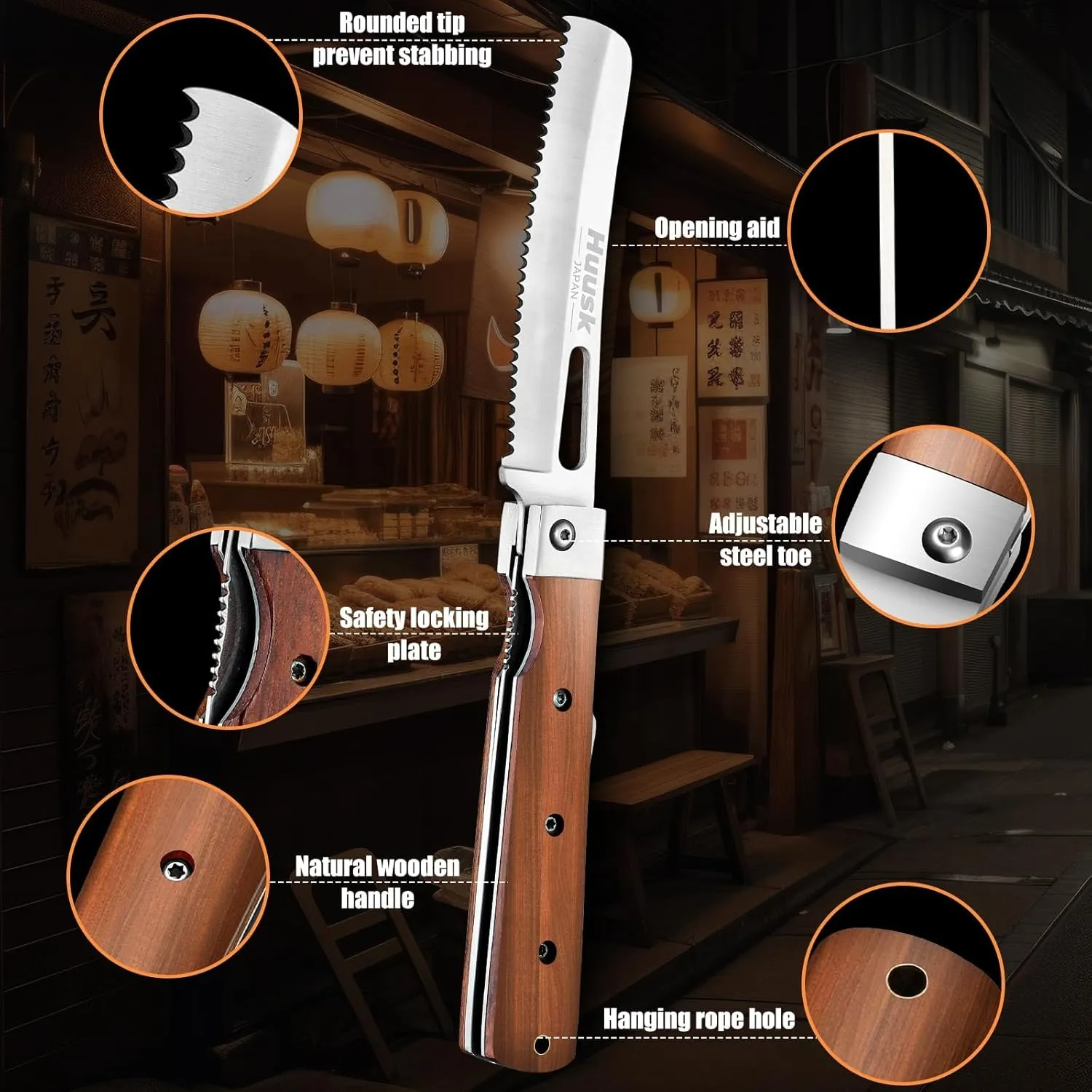 Huusk Folding Bread Knife for Homemade Bread, Portable Bread Knives with Wide Wavy Edge for Steak, Tomato, Japanese Pocket Knife with 440C Stainless Steel for Cooking, Ideal Gift