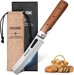 Huusk Folding Bread Knife for Homemade Bread, Portable Bread Knives with Wide Wavy Edge for Steak, Tomato, Japanese Pocket Knife with 440C Stainless Steel for Cooking, Ideal Gift