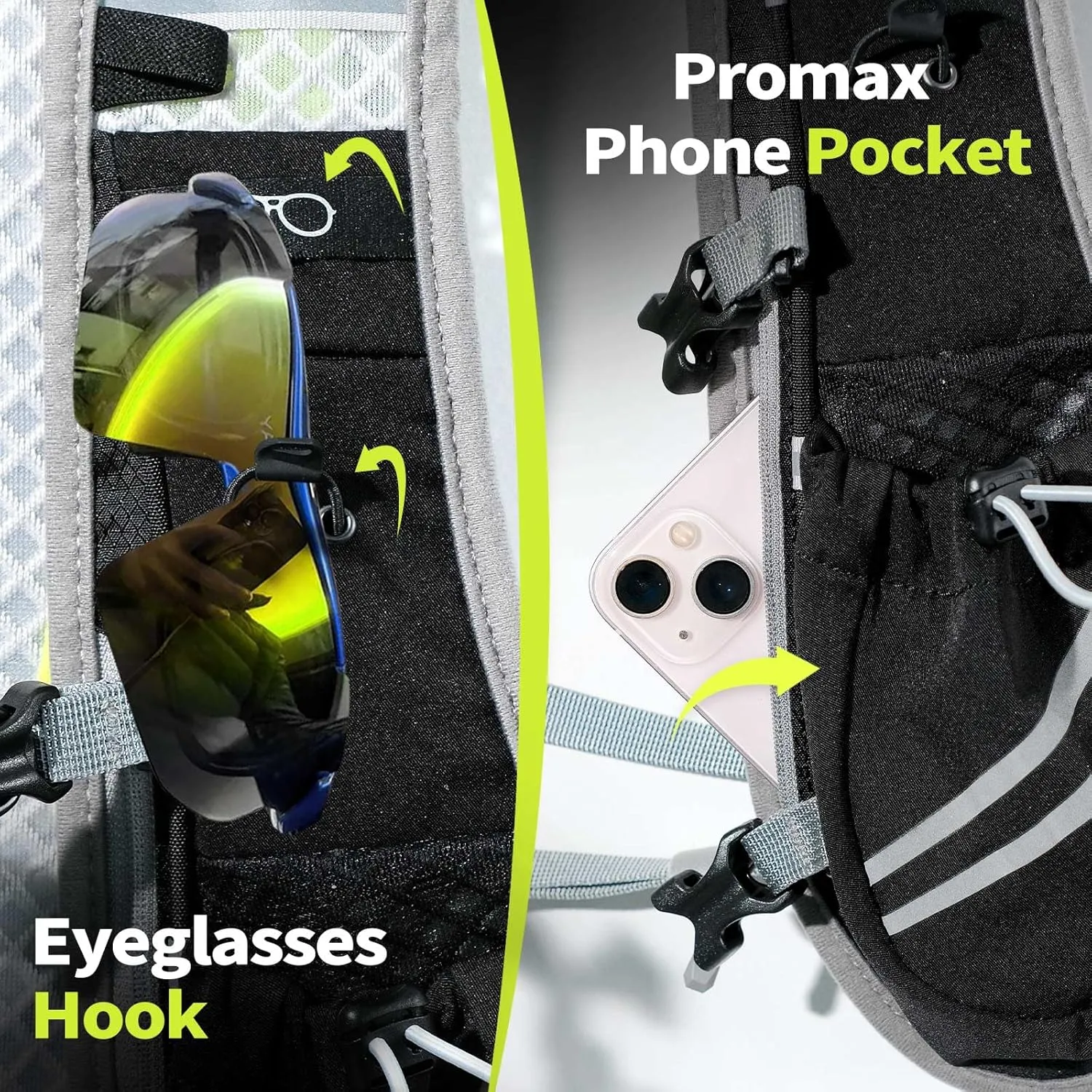Hydration Running Vest with Multiple Pockets & Breathable and Lightweight, Sunglasses Strap, Reflective Strips for Trail Running Hiking Marathon Cycling