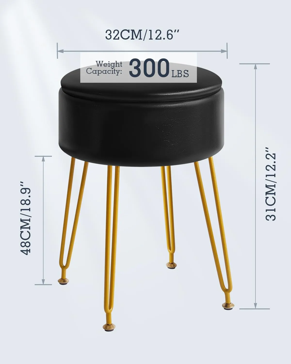 IBUYKE Faux Leather Round Footrest Stool with Storage Ottoman, Makeup Vanity Chair Side Table, PU Dressing Table Seat, Removable Cover, Golden Steel Legs, Black WBD024B