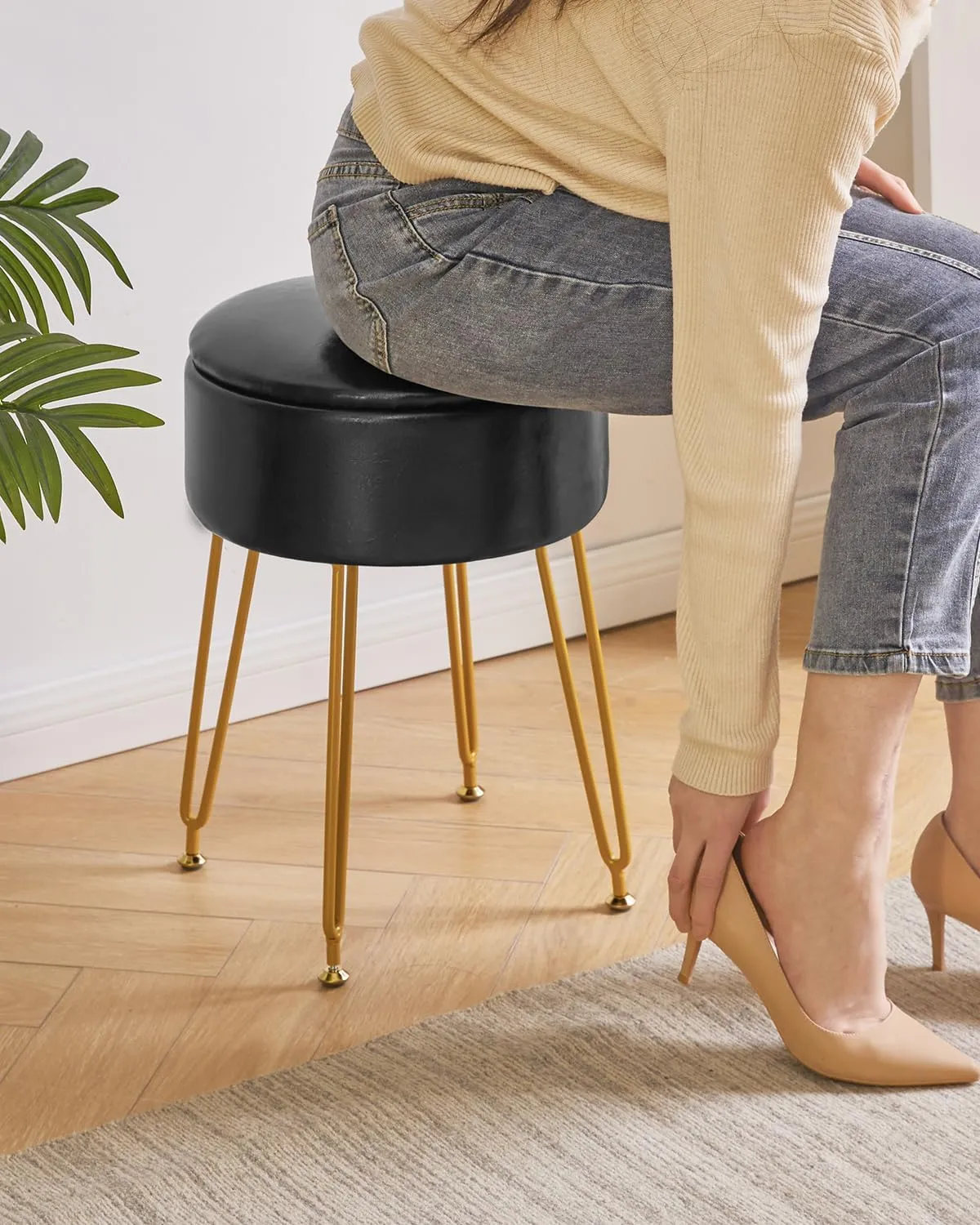 IBUYKE Faux Leather Round Footrest Stool with Storage Ottoman, Makeup Vanity Chair Side Table, PU Dressing Table Seat, Removable Cover, Golden Steel Legs, Black WBD024B
