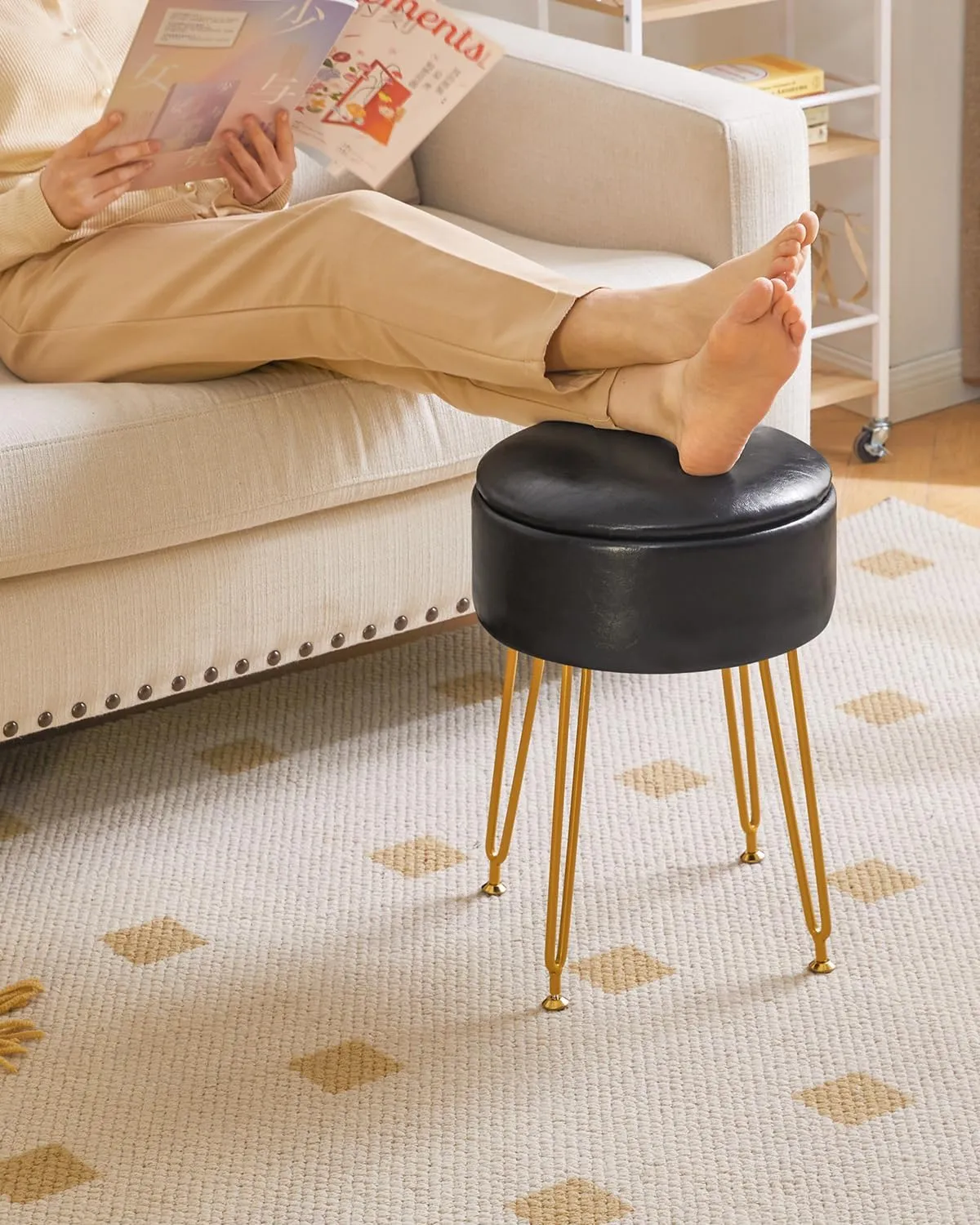 IBUYKE Faux Leather Round Footrest Stool with Storage Ottoman, Makeup Vanity Chair Side Table, PU Dressing Table Seat, Removable Cover, Golden Steel Legs, Black WBD024B