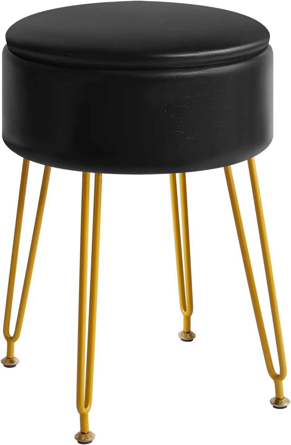 IBUYKE Faux Leather Round Footrest Stool with Storage Ottoman, Makeup Vanity Chair Side Table, PU Dressing Table Seat, Removable Cover, Golden Steel Legs, Black WBD024B