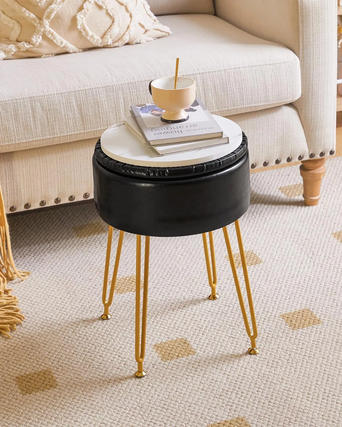 IBUYKE Faux Leather Round Footrest Stool with Storage Ottoman, Makeup Vanity Chair Side Table, PU Dressing Table Seat, Removable Cover, Golden Steel Legs, Black WBD024B