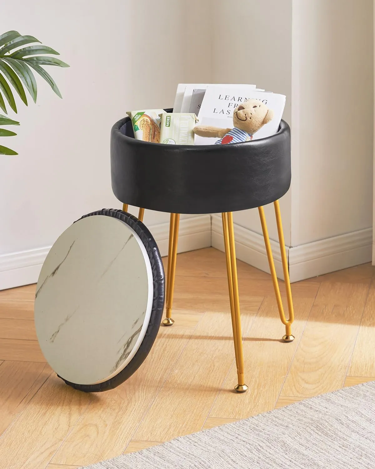 IBUYKE Faux Leather Round Footrest Stool with Storage Ottoman, Makeup Vanity Chair Side Table, PU Dressing Table Seat, Removable Cover, Golden Steel Legs, Black WBD024B