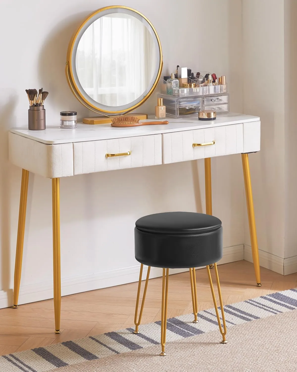 IBUYKE Faux Leather Round Footrest Stool with Storage Ottoman, Makeup Vanity Chair Side Table, PU Dressing Table Seat, Removable Cover, Golden Steel Legs, Black WBD024B