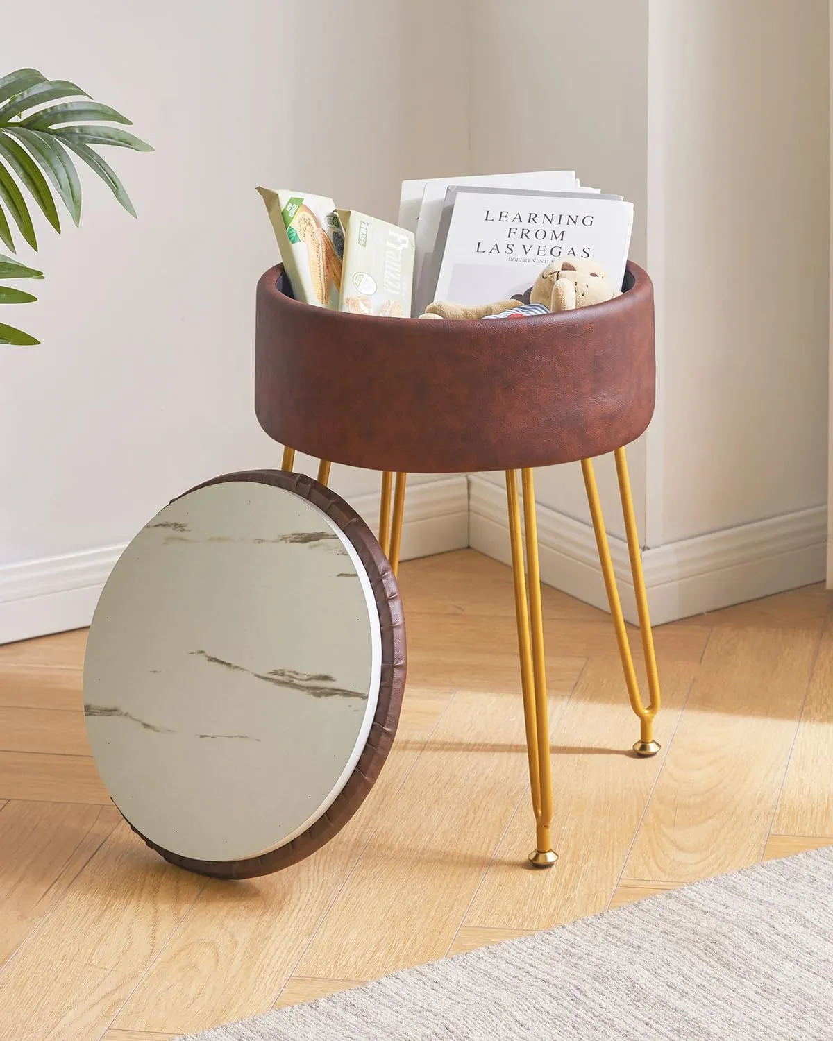 IBUYKE Faux Leather Round Footrest Stool with Storage Ottoman, Makeup Vanity Chair Side Table, PU Dressing Table Seat, Removable Cover, Golden Steel Legs, Dark Brown WBD024Z