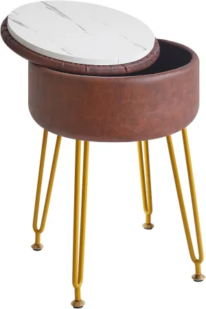IBUYKE Faux Leather Round Footrest Stool with Storage Ottoman, Makeup Vanity Chair Side Table, PU Dressing Table Seat, Removable Cover, Golden Steel Legs, Dark Brown WBD024Z