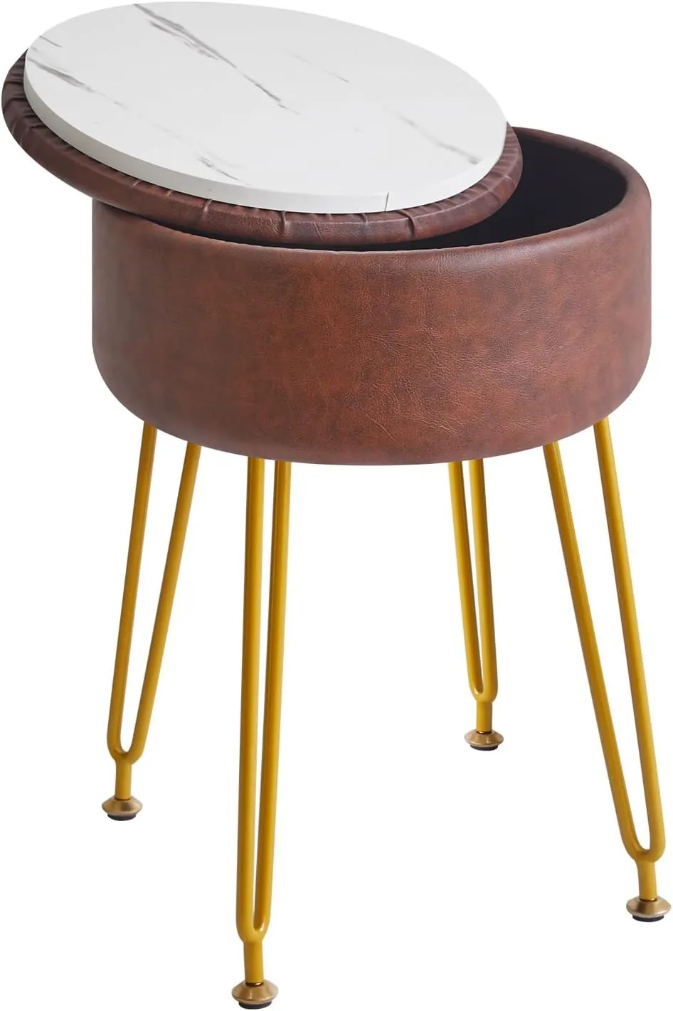 IBUYKE Faux Leather Round Footrest Stool with Storage Ottoman, Makeup Vanity Chair Side Table, PU Dressing Table Seat, Removable Cover, Golden Steel Legs, Dark Brown WBD024Z