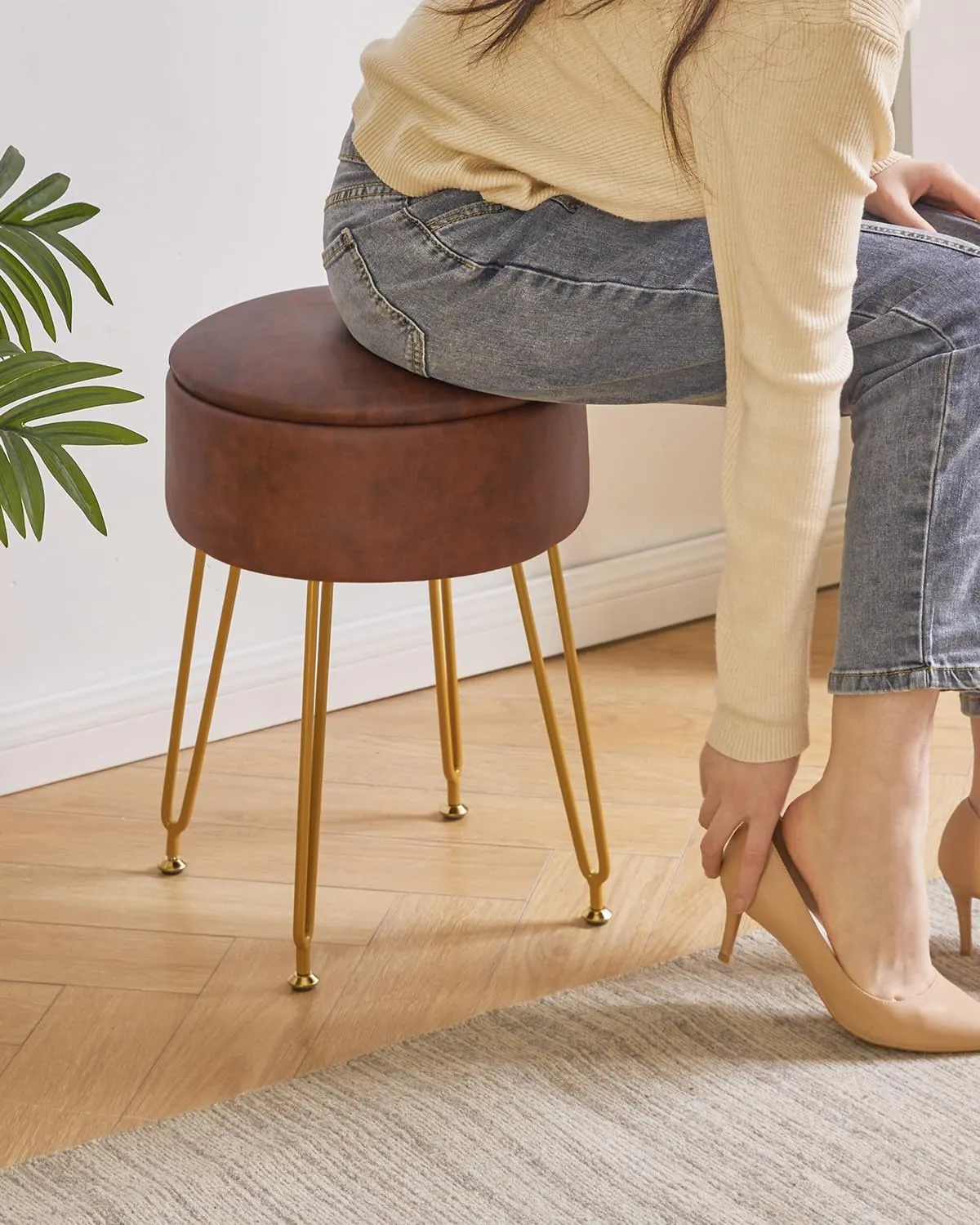 IBUYKE Faux Leather Round Footrest Stool with Storage Ottoman, Makeup Vanity Chair Side Table, PU Dressing Table Seat, Removable Cover, Golden Steel Legs, Dark Brown WBD024Z