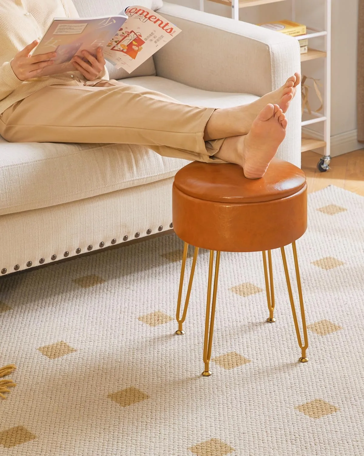 IBUYKE Faux Leather Round Footrest Stool with Storage Ottoman, Makeup Vanity Chair Side Table, PU Dressing Table Seat, Removable Cover, Golden Steel Legs, Light Brown WBD024J