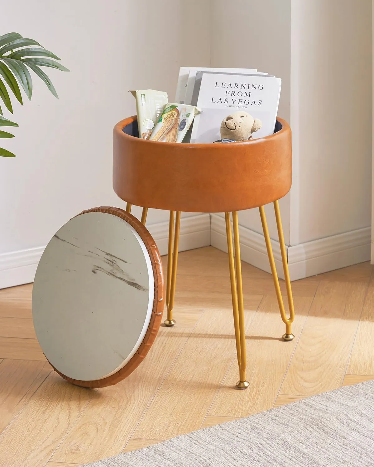 IBUYKE Faux Leather Round Footrest Stool with Storage Ottoman, Makeup Vanity Chair Side Table, PU Dressing Table Seat, Removable Cover, Golden Steel Legs, Light Brown WBD024J