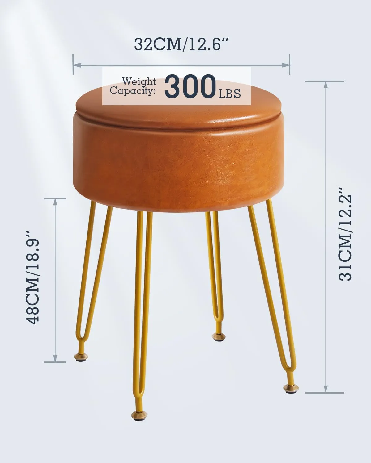 IBUYKE Faux Leather Round Footrest Stool with Storage Ottoman, Makeup Vanity Chair Side Table, PU Dressing Table Seat, Removable Cover, Golden Steel Legs, Light Brown WBD024J