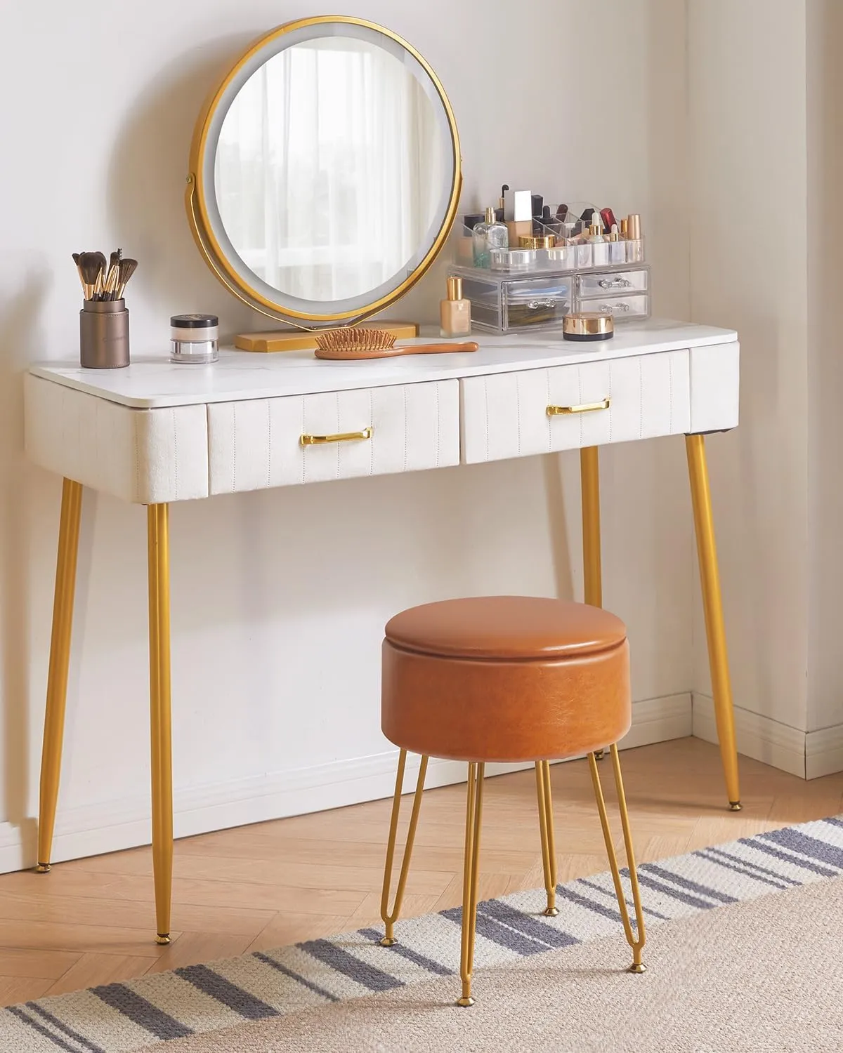 IBUYKE Faux Leather Round Footrest Stool with Storage Ottoman, Makeup Vanity Chair Side Table, PU Dressing Table Seat, Removable Cover, Golden Steel Legs, Light Brown WBD024J