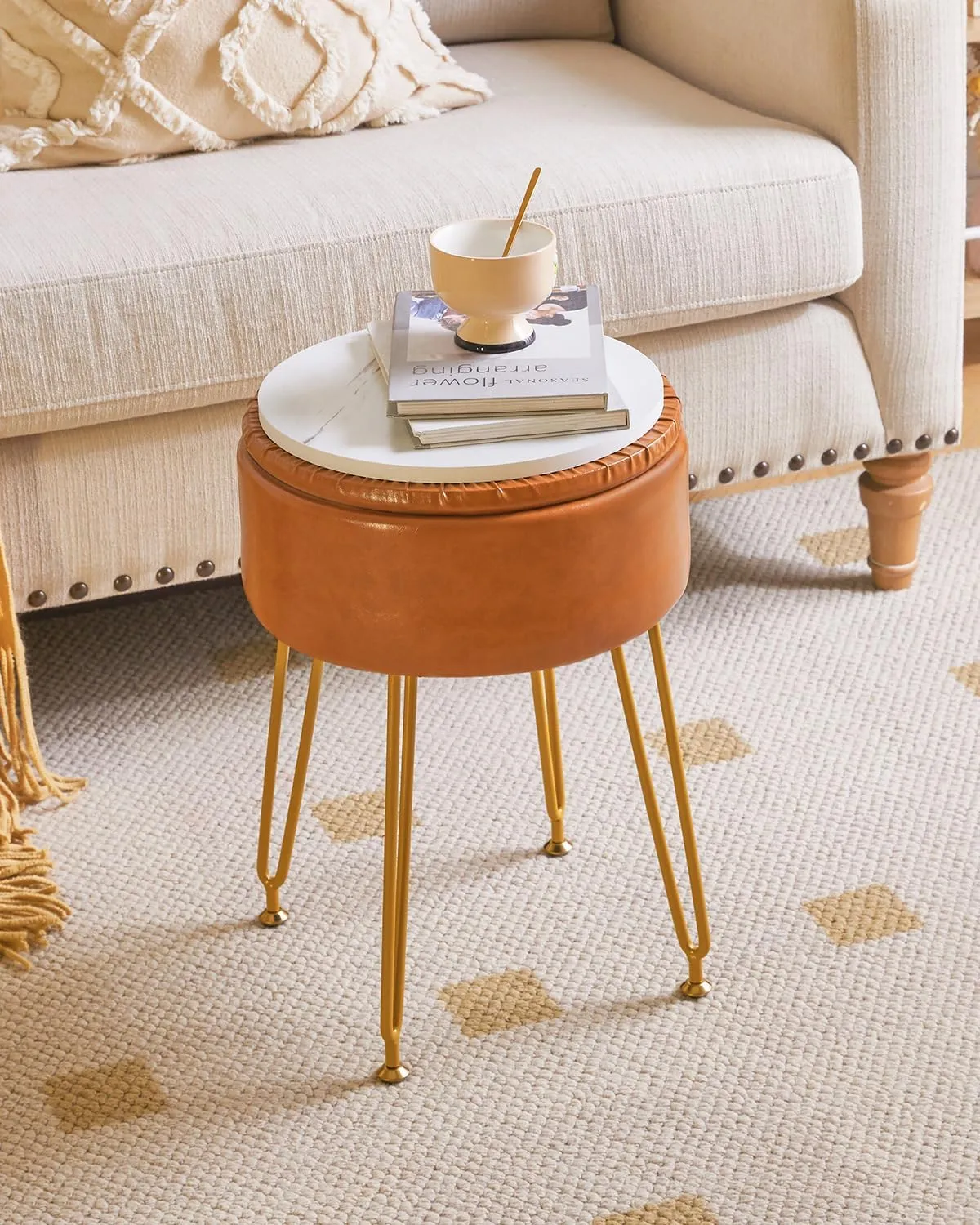 IBUYKE Faux Leather Round Footrest Stool with Storage Ottoman, Makeup Vanity Chair Side Table, PU Dressing Table Seat, Removable Cover, Golden Steel Legs, Light Brown WBD024J