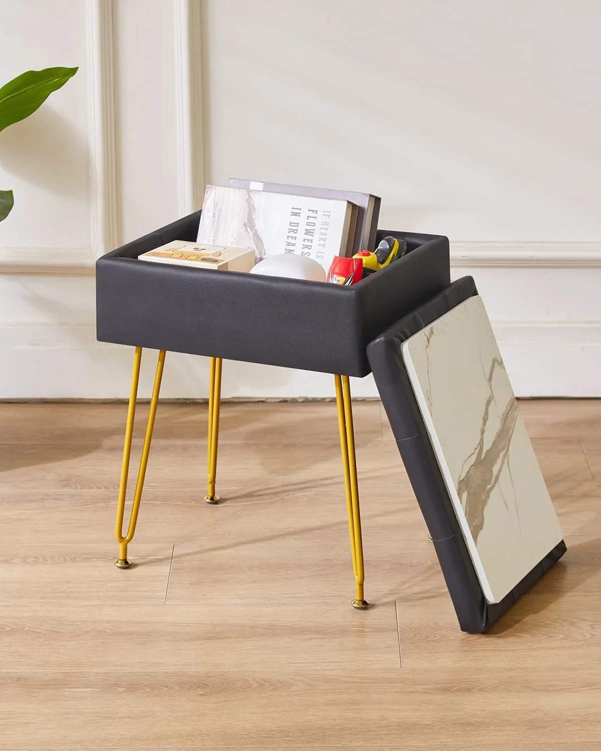 IBUYKE Multifunctional Storage Vanity Stool with Flip Tabletop, Adjustable Metal Legs & PU Leather - 40x30x48cm Ottoman Footrest for Makeup, Living Room, Entryway, Black WBD014B