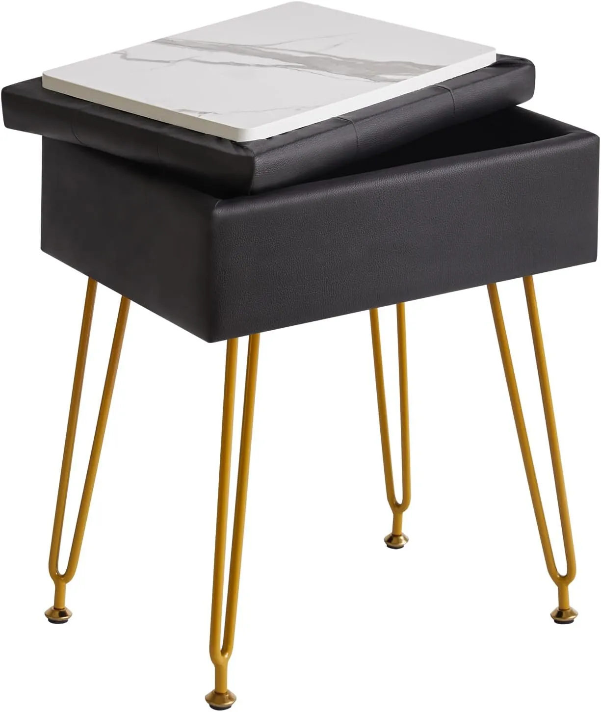 IBUYKE Multifunctional Storage Vanity Stool with Flip Tabletop, Adjustable Metal Legs & PU Leather - 40x30x48cm Ottoman Footrest for Makeup, Living Room, Entryway, Black WBD014B