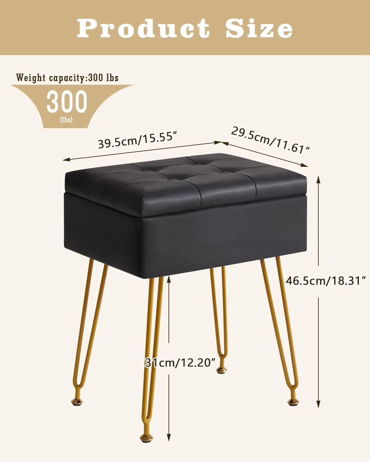 IBUYKE Multifunctional Storage Vanity Stool with Flip Tabletop, Adjustable Metal Legs & PU Leather - 40x30x48cm Ottoman Footrest for Makeup, Living Room, Entryway, Black WBD014B