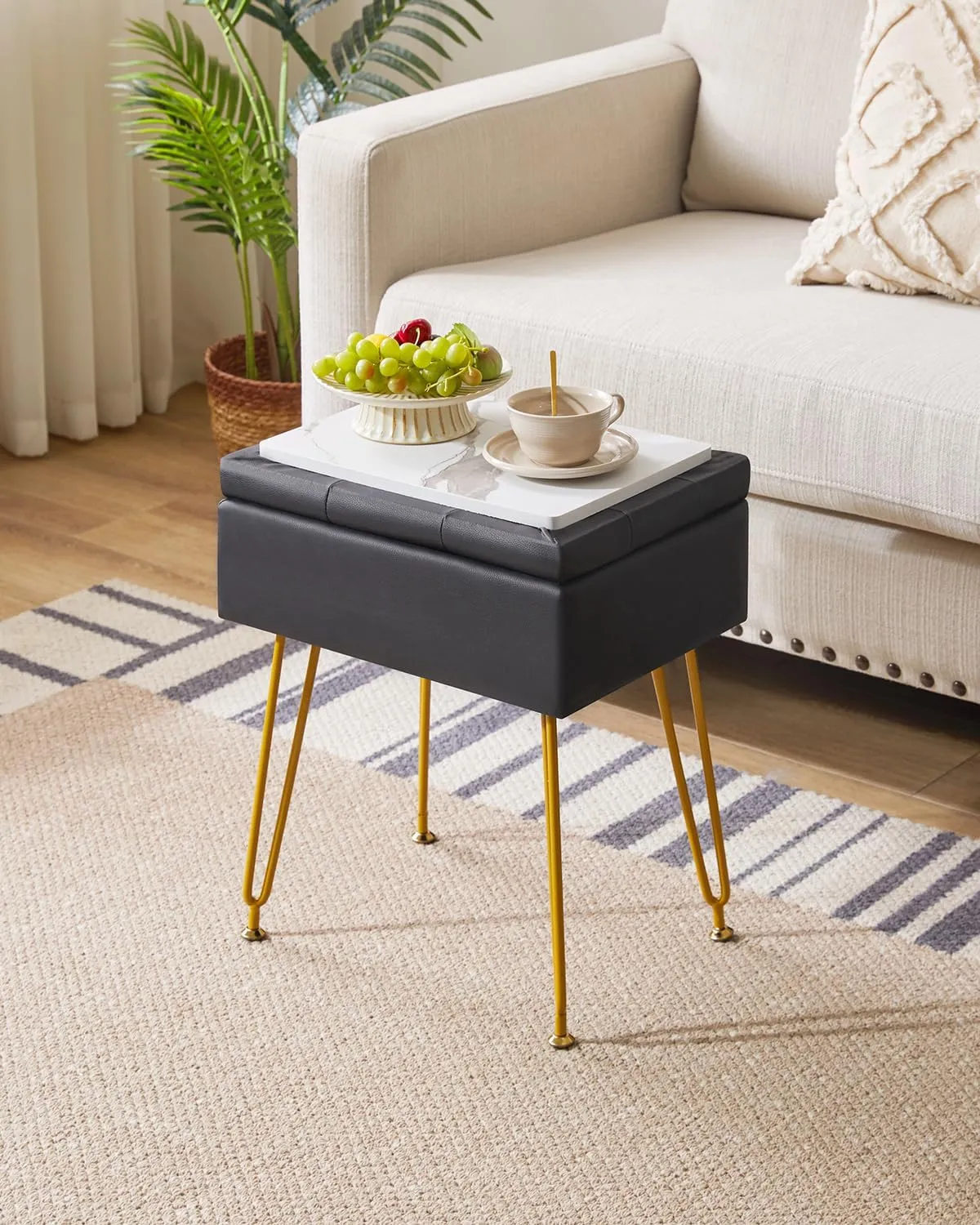 IBUYKE Multifunctional Storage Vanity Stool with Flip Tabletop, Adjustable Metal Legs & PU Leather - 40x30x48cm Ottoman Footrest for Makeup, Living Room, Entryway, Black WBD014B