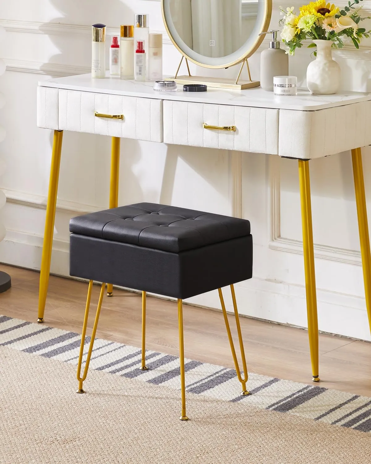 IBUYKE Multifunctional Storage Vanity Stool with Flip Tabletop, Adjustable Metal Legs & PU Leather - 40x30x48cm Ottoman Footrest for Makeup, Living Room, Entryway, Black WBD014B