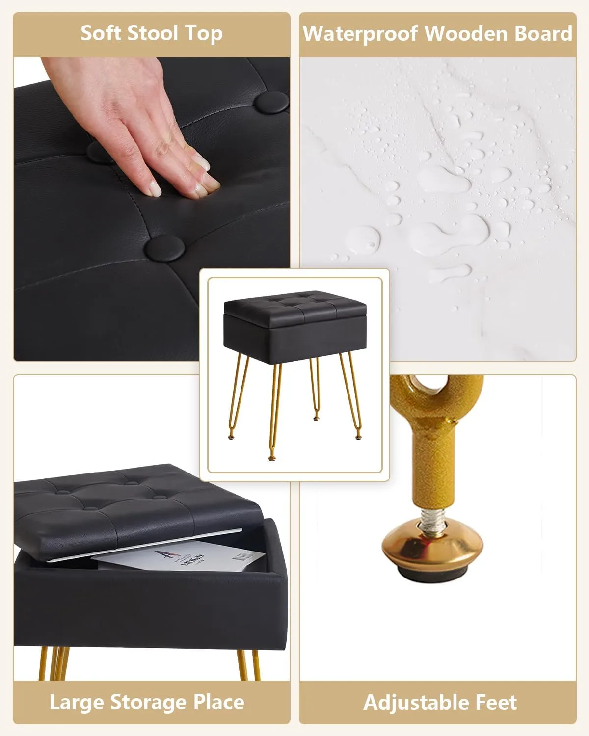 IBUYKE Multifunctional Storage Vanity Stool with Flip Tabletop, Adjustable Metal Legs & PU Leather - 40x30x48cm Ottoman Footrest for Makeup, Living Room, Entryway, Black WBD014B