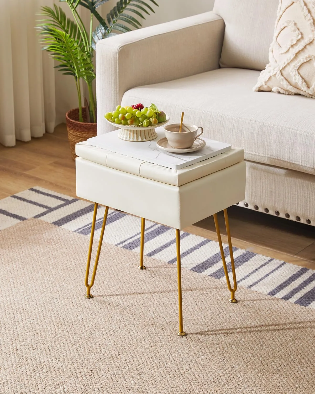 IBUYKE Multifunctional Storage Vanity Stool with Flip Tabletop, Adjustable Metal Legs & PU Leather - 40x30x48cm Ottoman Footrest for Makeup, Living Room, Entryway, White WBD014W