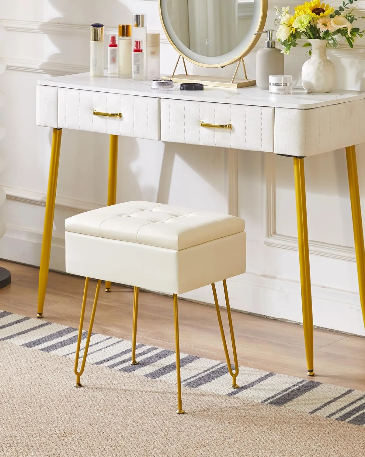 IBUYKE Multifunctional Storage Vanity Stool with Flip Tabletop, Adjustable Metal Legs & PU Leather - 40x30x48cm Ottoman Footrest for Makeup, Living Room, Entryway, White WBD014W