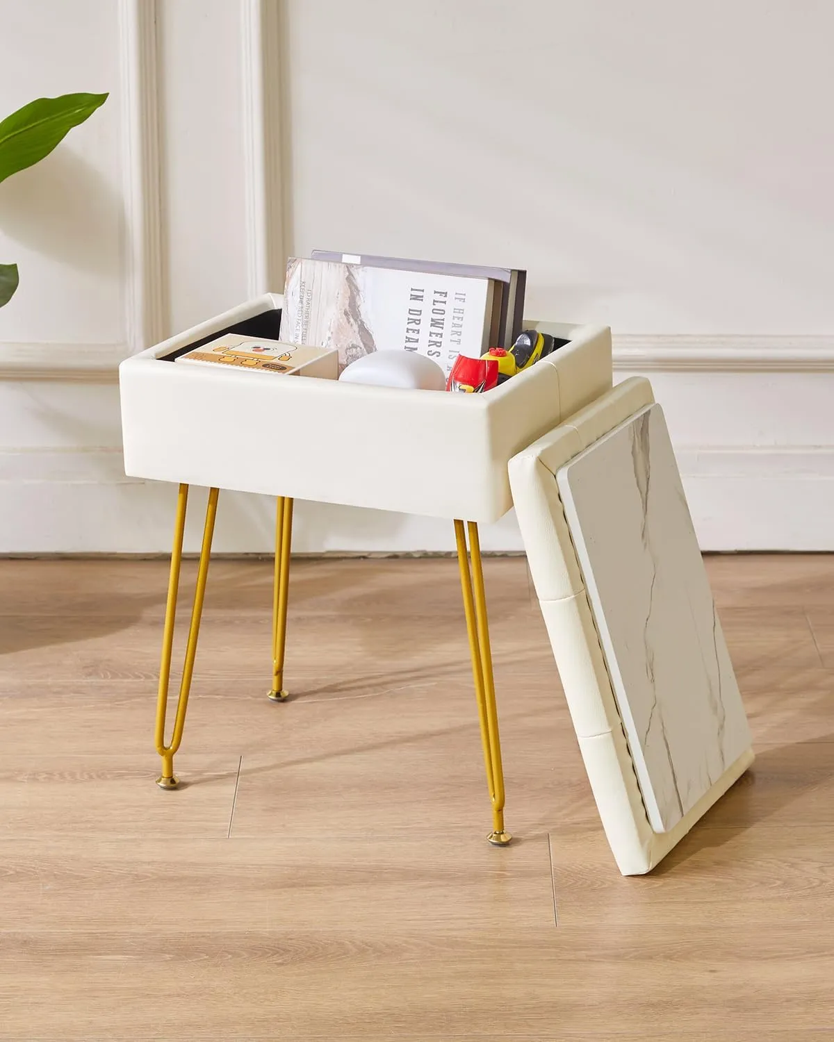 IBUYKE Multifunctional Storage Vanity Stool with Flip Tabletop, Adjustable Metal Legs & PU Leather - 40x30x48cm Ottoman Footrest for Makeup, Living Room, Entryway, White WBD014W