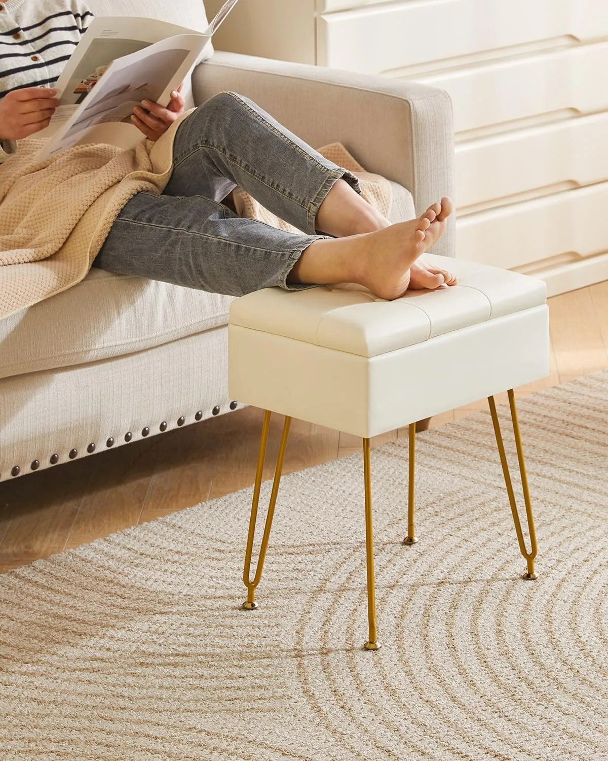 IBUYKE Multifunctional Storage Vanity Stool with Flip Tabletop, Adjustable Metal Legs & PU Leather - 40x30x48cm Ottoman Footrest for Makeup, Living Room, Entryway, White WBD014W