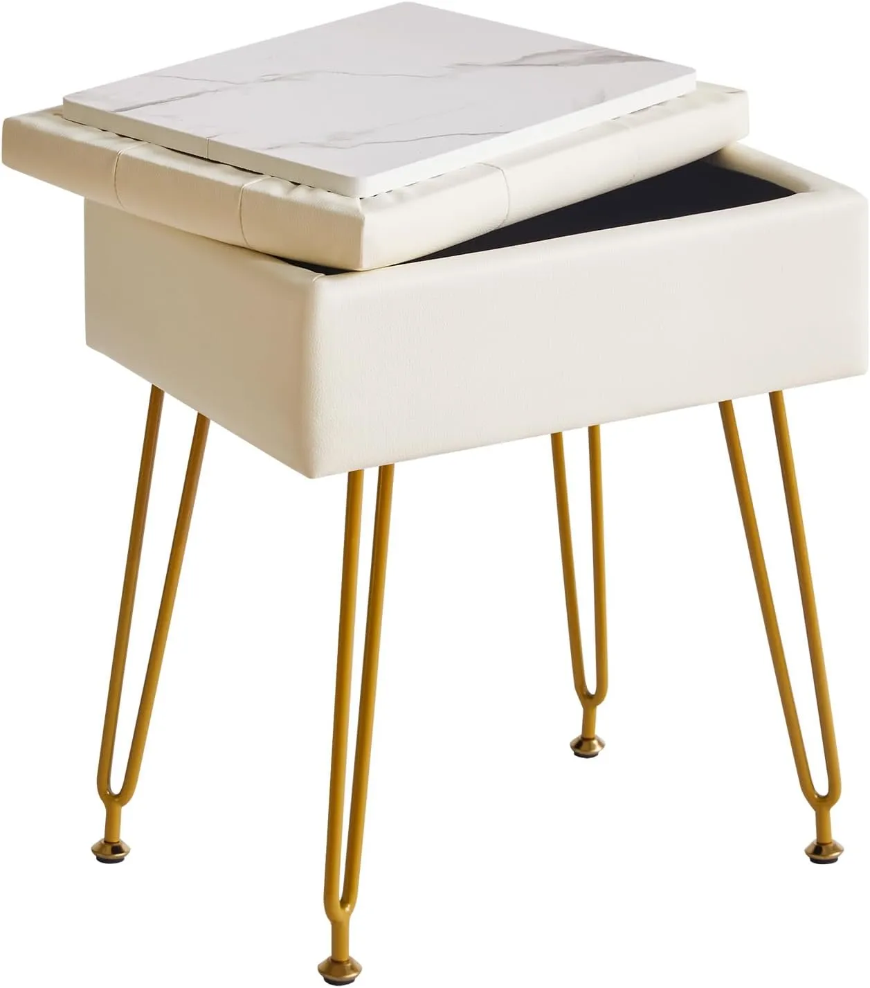 IBUYKE Multifunctional Storage Vanity Stool with Flip Tabletop, Adjustable Metal Legs & PU Leather - 40x30x48cm Ottoman Footrest for Makeup, Living Room, Entryway, White WBD014W