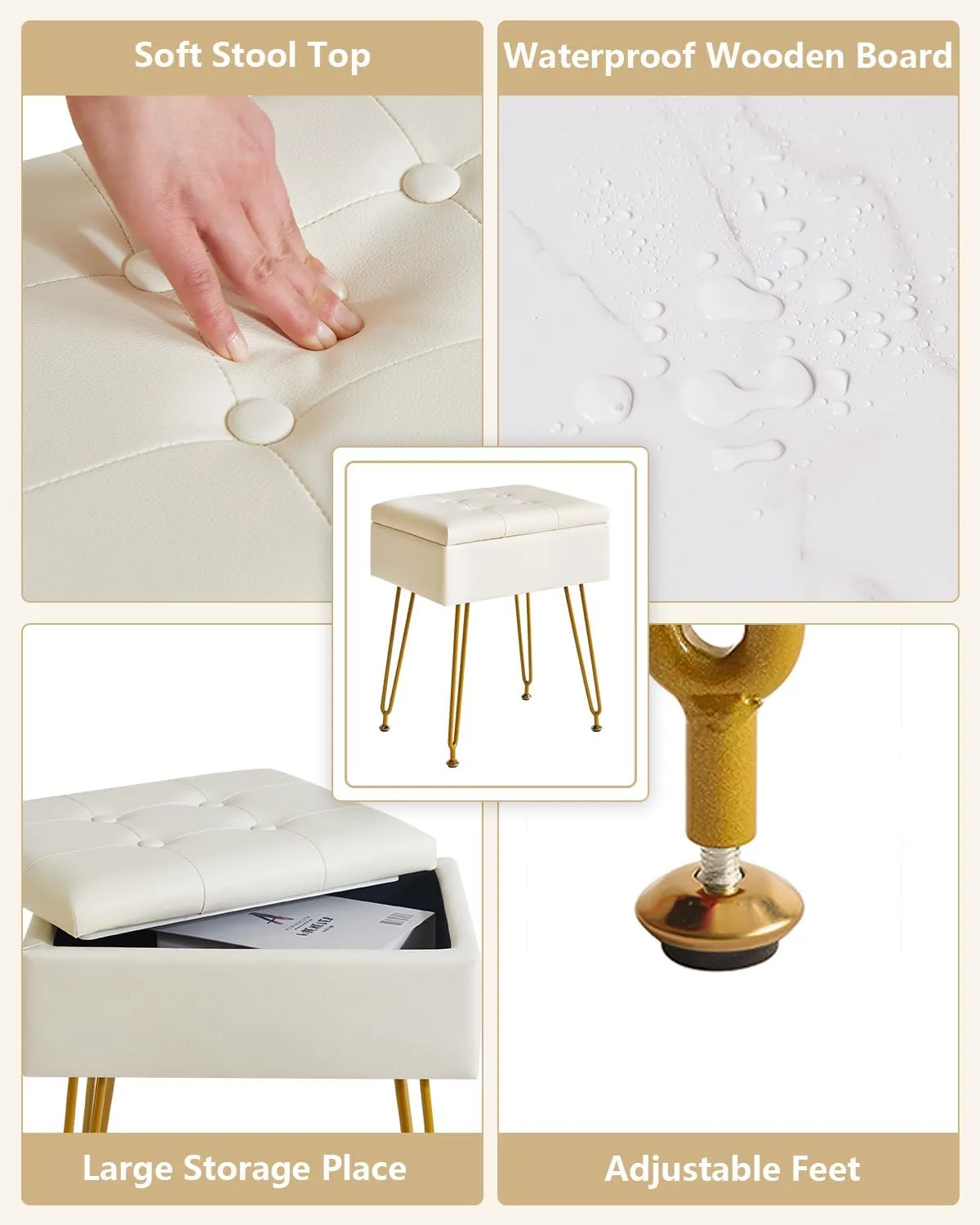 IBUYKE Multifunctional Storage Vanity Stool with Flip Tabletop, Adjustable Metal Legs & PU Leather - 40x30x48cm Ottoman Footrest for Makeup, Living Room, Entryway, White WBD014W